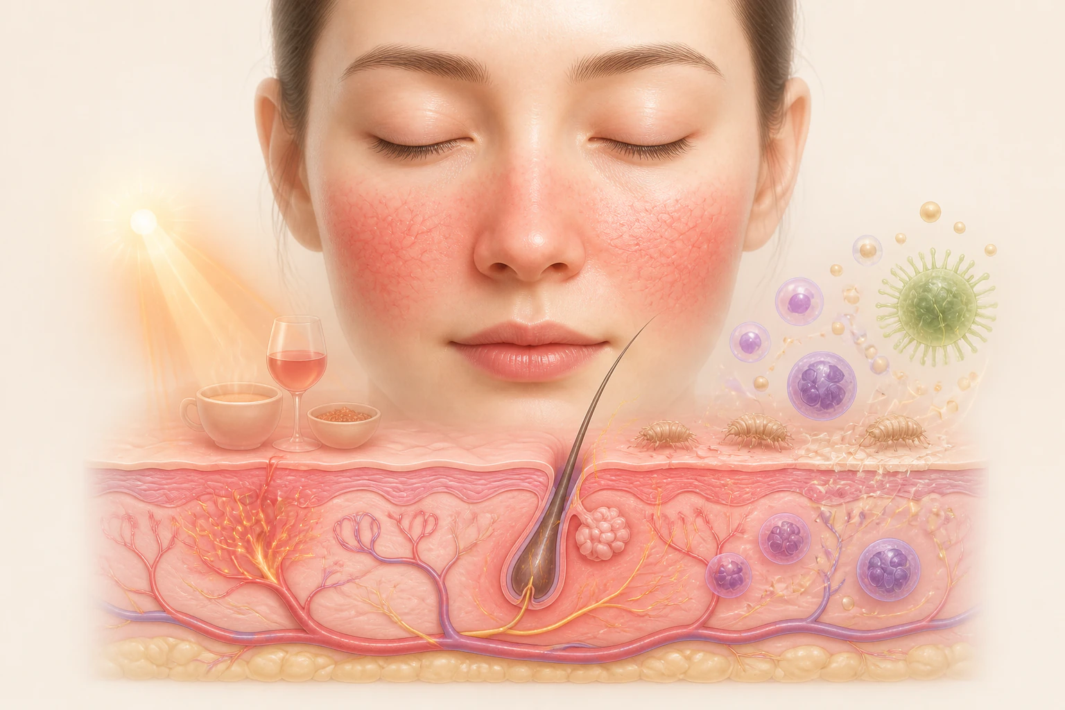 주사피부염의 주요 피부·두피·모낭 기전을 보여 주는 3D 의료 이미지