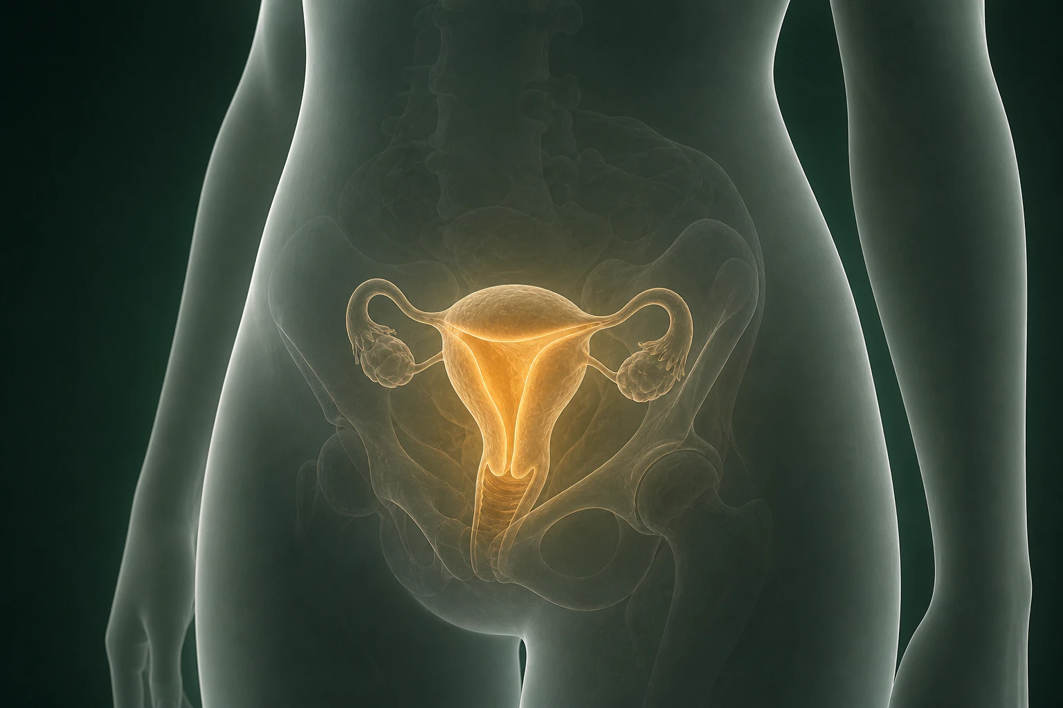 자궁근층 안의 국소 열감과 주변 아랫배의 한열 차이를 보여 주는 3D 의료 렌더