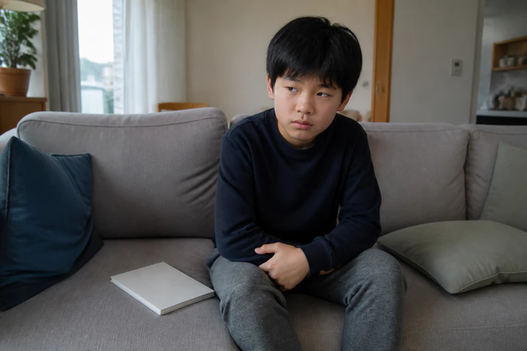 숙제를 멈추고 소파에서 배를 감싸며 몸을 구부린 한국인 남아