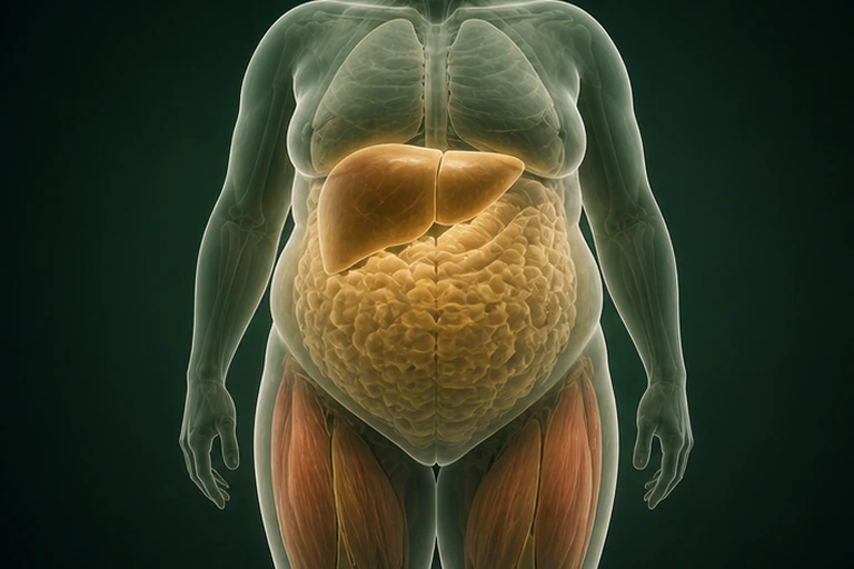 한 임상 마네킹의 간·복부 지방·허벅지 근육을 보여 주는 쿠싱증후군 물질 대사의 흐름