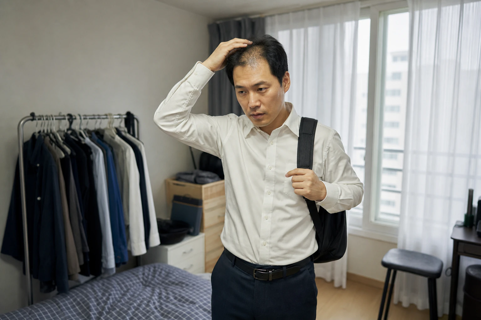 출근 준비 중 정수리와 앞머리 변화를 느껴 손이 멈춘 남성형 탈모 환자