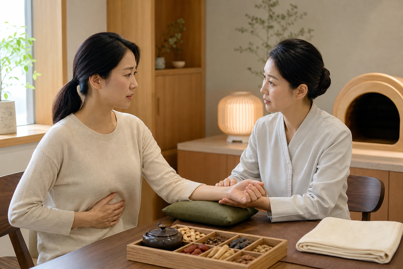 명치 불편을 호소하는 환자의 손목 맥을 살피는 인애한의원 부천 한의사 진찰 장면