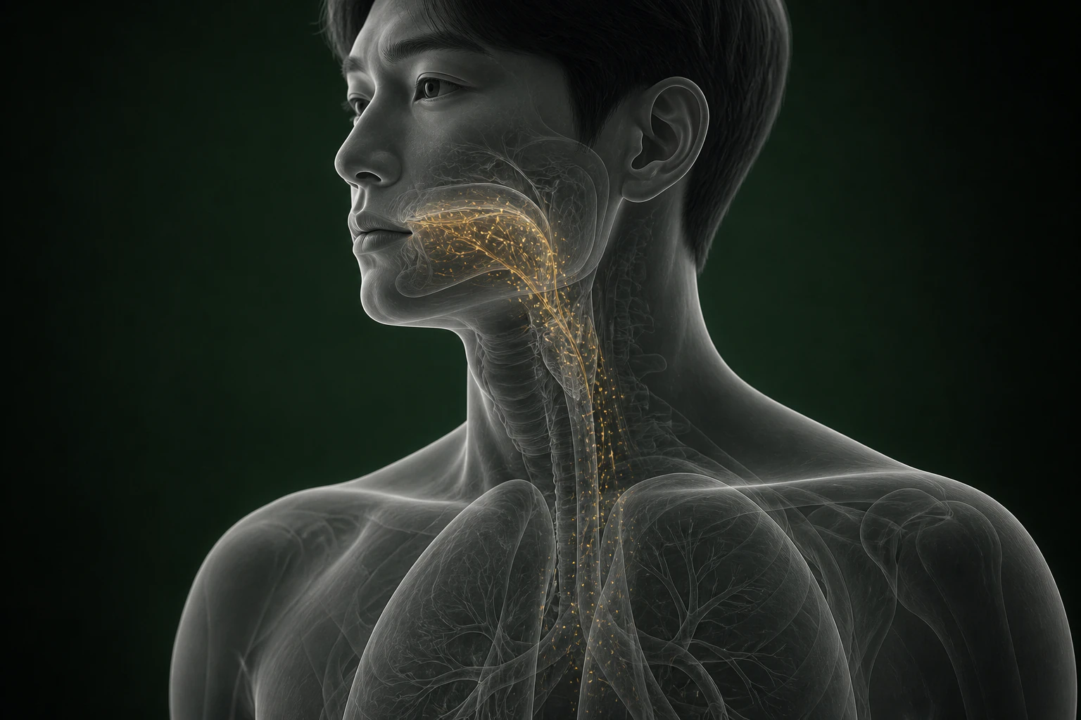 닫힌 입의 반투명 상반신에서 혀 주변 감각 신호가 턱과 목을 따라 이어지는 설궤양 신호 흐름