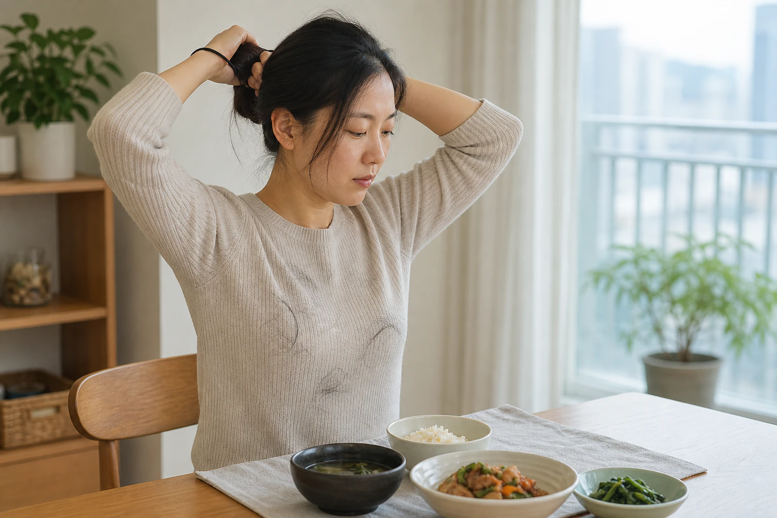 점심을 앞두고 머리를 묶다 빠진 모발 때문에 손이 멈춘 다이어트후탈모 환자