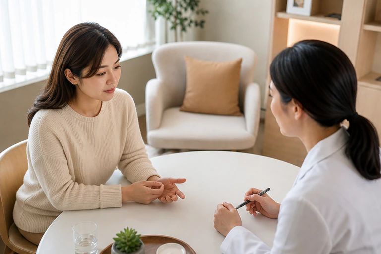 테이블에서 손짓하며 의료진과 이야기하는 여성