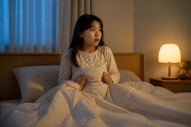 한밤중 침대에서 갑자기 일어나 겁에 질린 한국인 여아