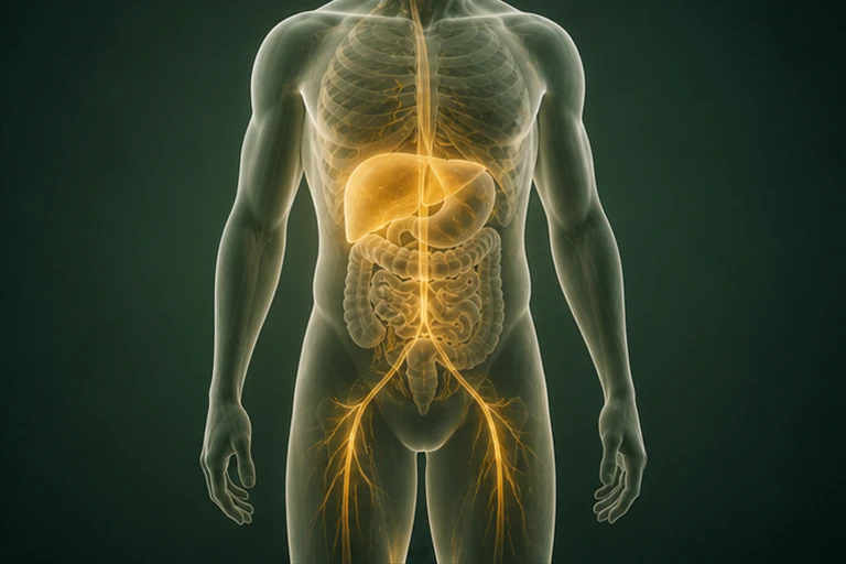 회색 옷을 입은 한 인체의 오른쪽 갈비뼈 아래 회색 간 윤곽과 아랫배·허벅지를 가는 금빛으로 이은 지방산·영양 이동