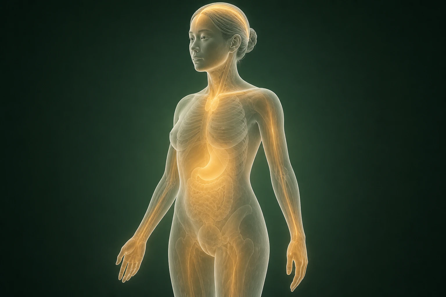 산후탈모와 관련된 열의 흐름을 전신 맥락에서 보여 주는 반투명 3D 의료 렌더