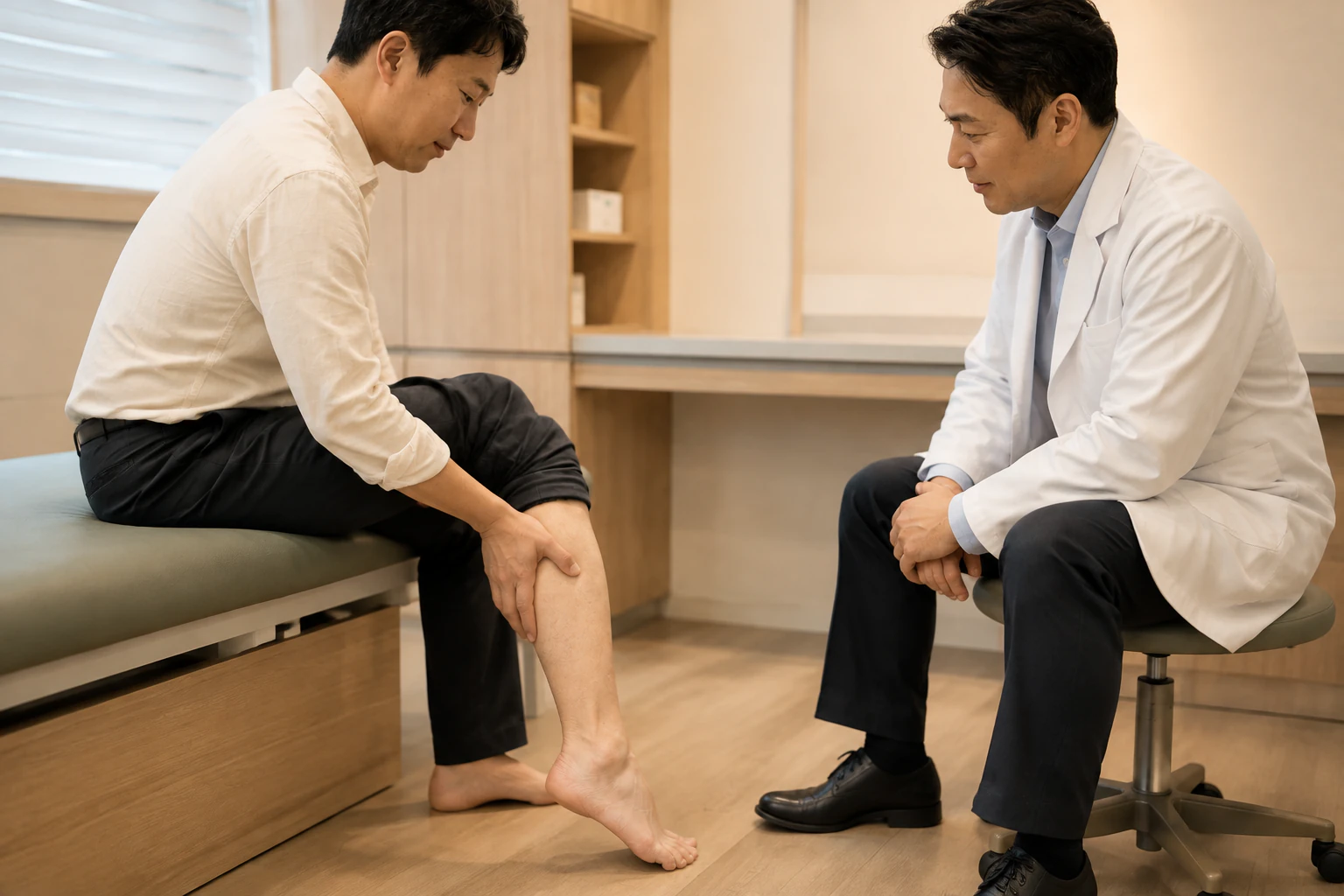 환자가 한쪽 종아리를 감싸며 의료진과 상담하는 장면