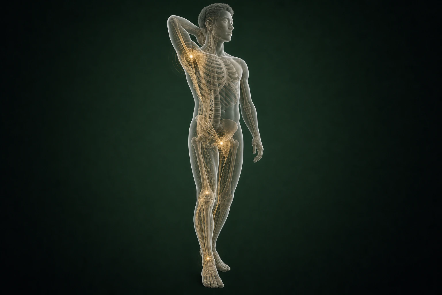 화농성 한선염와 관련된 구조의 흐름을 전신 맥락에서 보여 주는 반투명 3D 의료 렌더