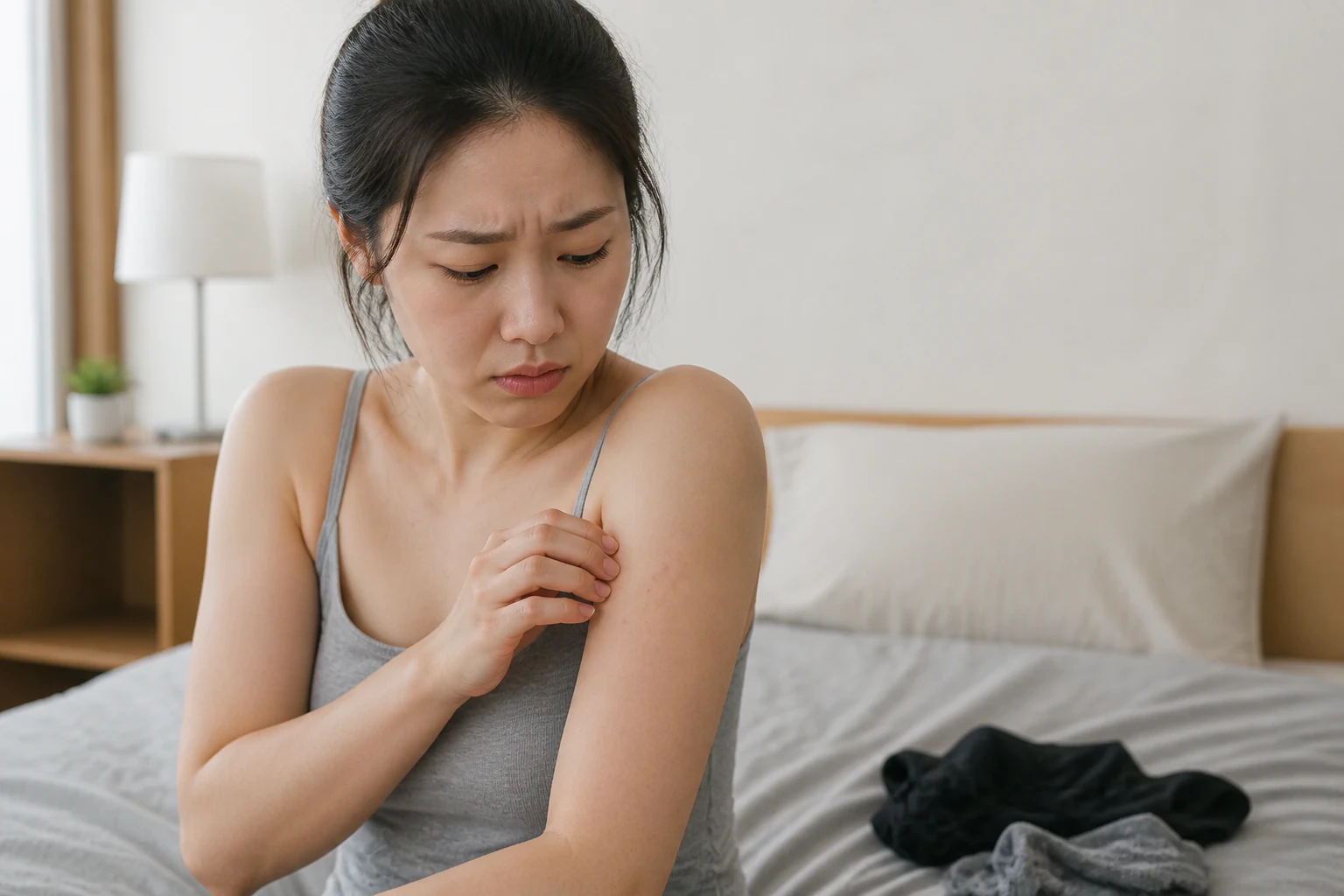 침대에 앉아 위팔 피부를 만지며 살피는 여성