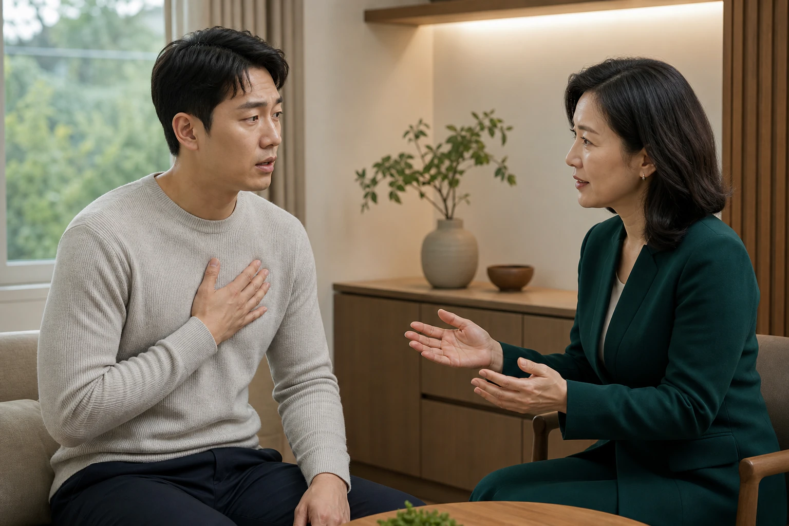 기흉으로 겪는 불편을 상담하는 환자와 의료진