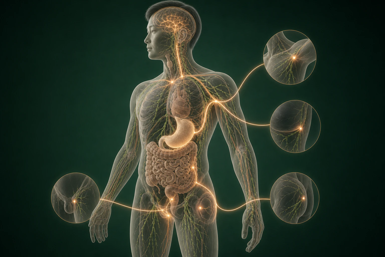 화농성 한선염의 전신 순환치료 구성을 연결해 보여 주는 반투명 3D 의료 렌더