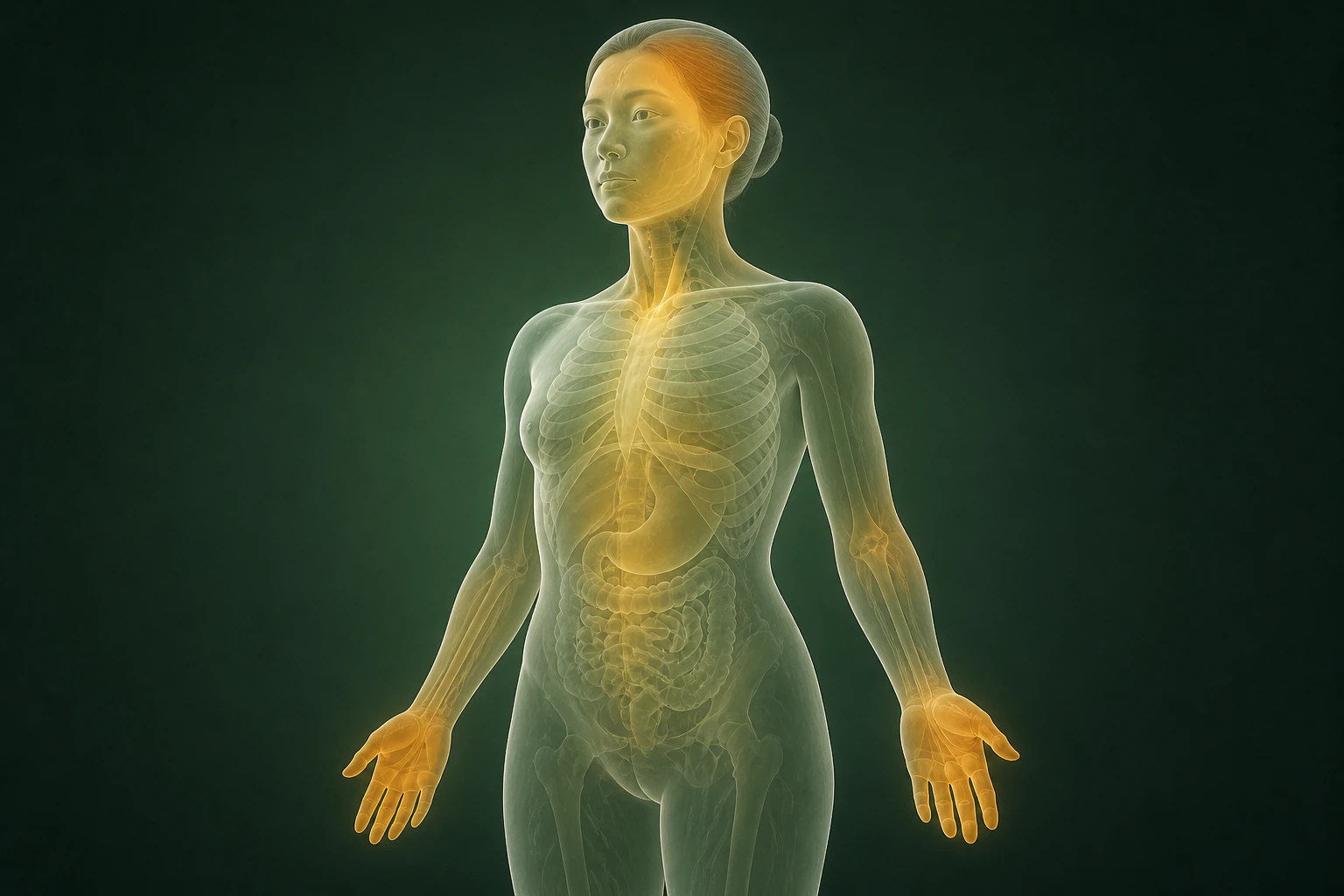 한포진과 관련된 열의 흐름을 전신 맥락에서 보여 주는 반투명 3D 의료 렌더