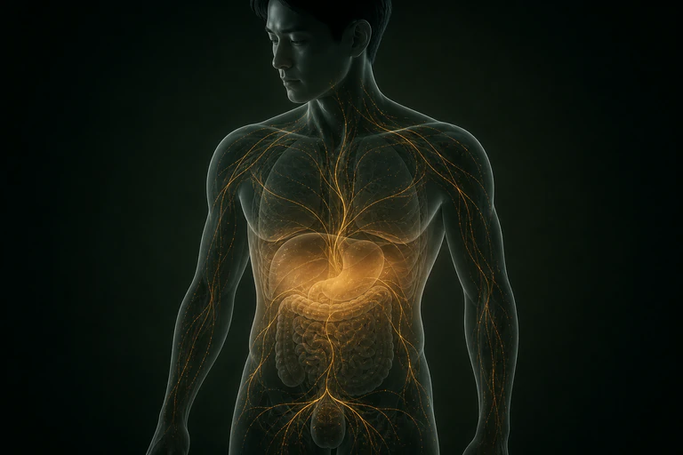 전신의 가는 금빛 순환이 상복부의 넓고 부드러운 온열장으로 이어지는 기능성 소화불량 열의 흐름