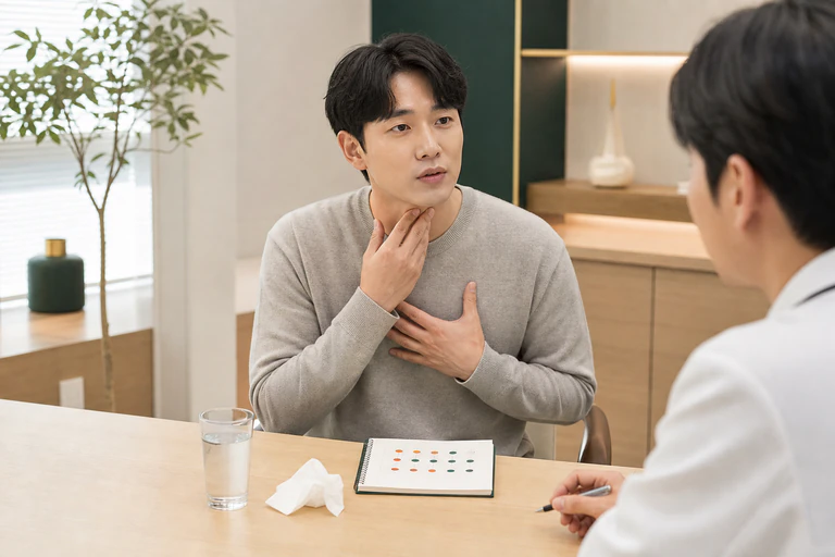 가래로 겪는 불편을 상담하는 환자와 의료진