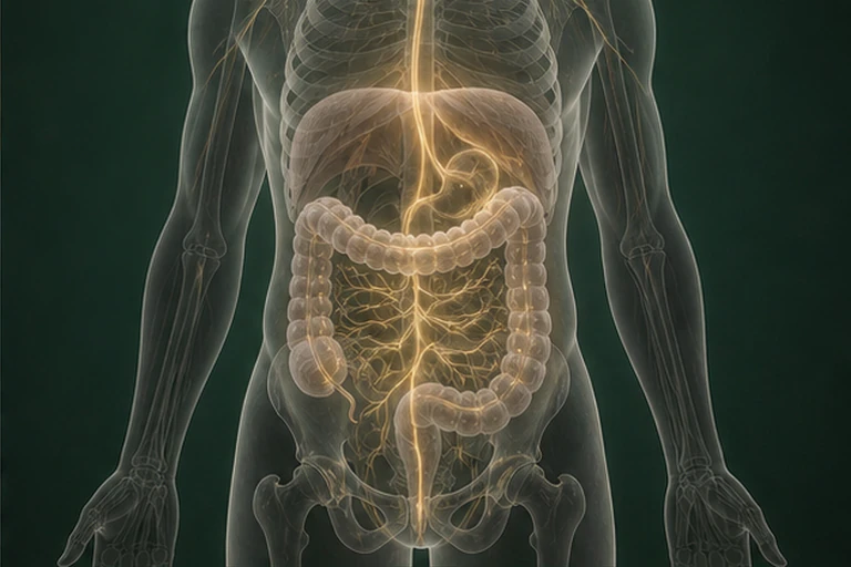 횡격막·대장·골반과 금빛 신경 경로를 표시한 인체 도식