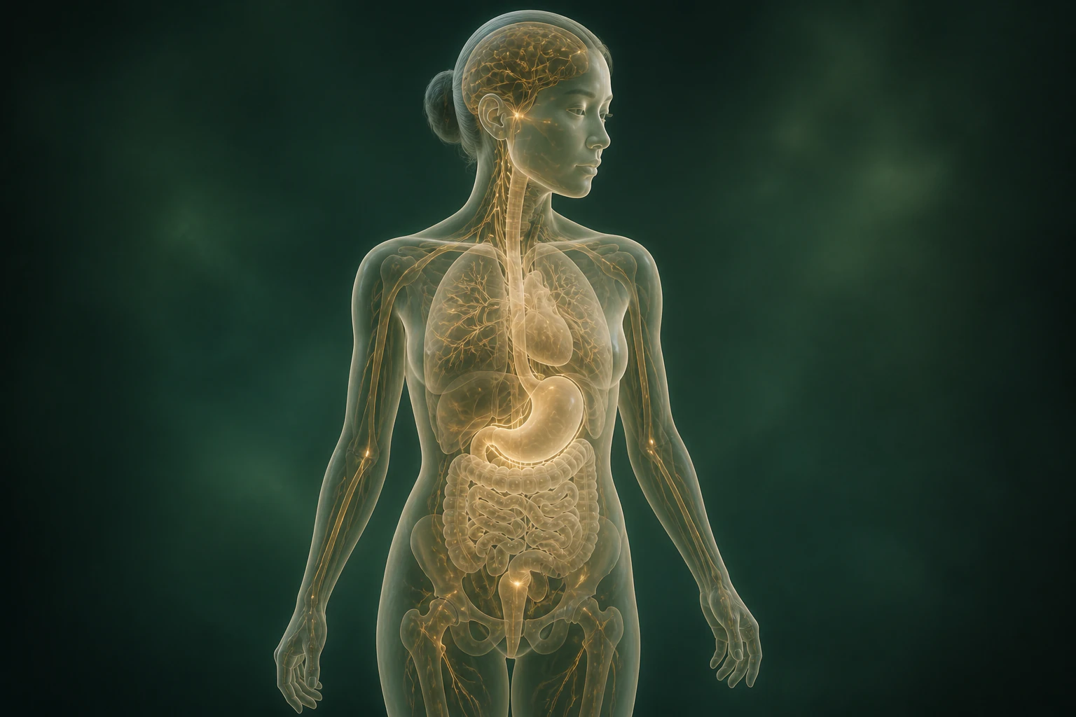 원형탈모와 관련된 물질의 흐름을 전신 맥락에서 보여 주는 반투명 3D 의료 렌더